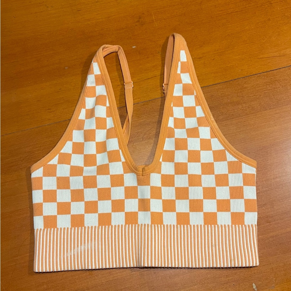 Garage Orange and White Checkered Sports Bra